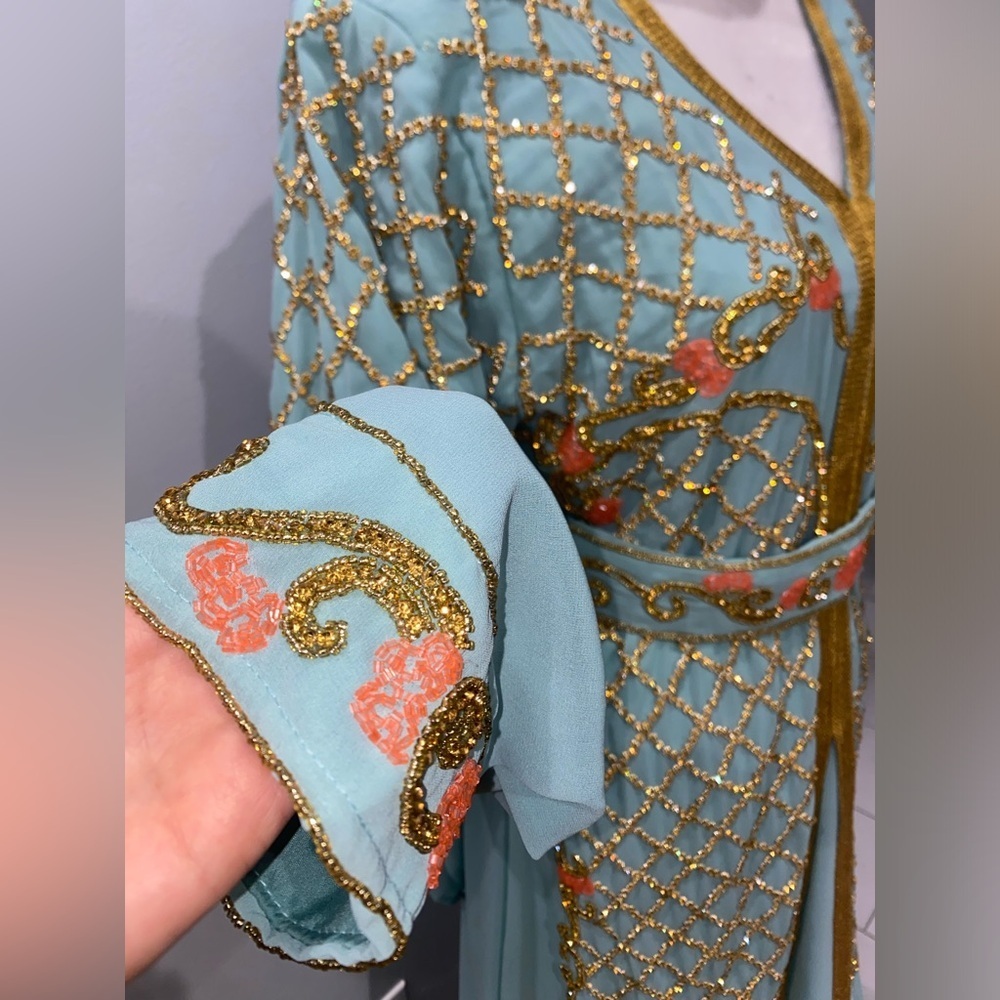 Blue & Gold fully beaded chiffon maxi kaftan with scarf size medium new - Picture 6 of 10